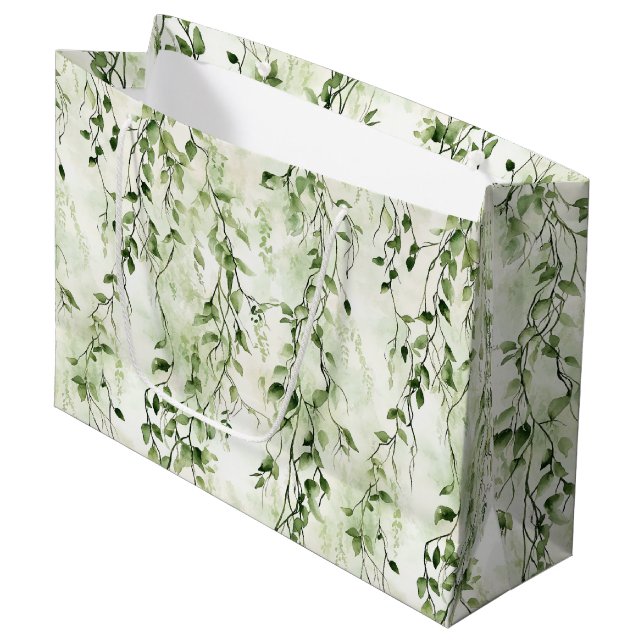 Green White Ivy Leaves Wild Jungle Birthday Large Gift Bag (Front Angled)