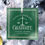 Green White Law School Graduation Christmas Glass Ornament<br><div class="desc">This custom green law school graduation Christmas ornament for a lawyer features the white scales of justice for the class of 2025. Customize with your graduating year under the elegant calligraphy for a great personalized university graduate gift.</div>