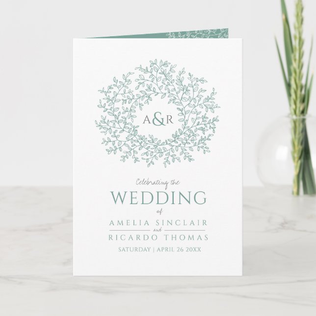 Green white leaf monogram art two tone wedding program (Front)