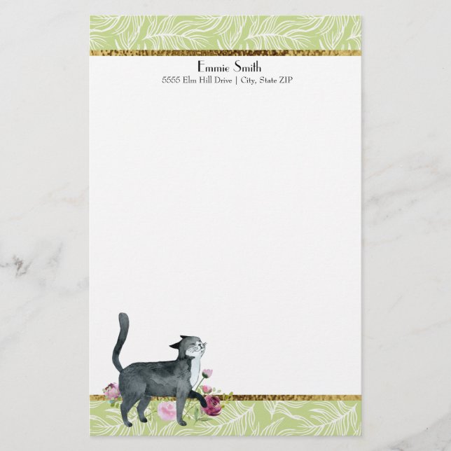 Green White Leaves and Gold Grey Cat Stationery (Front)
