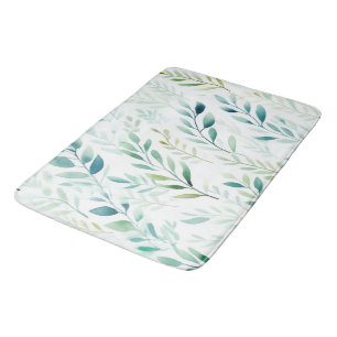 Green White Leaves Bath Mat