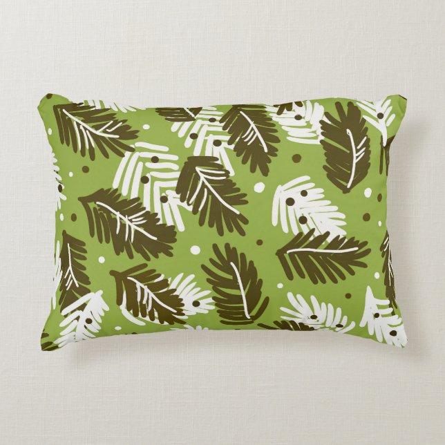 Green White Leaves: Coniferous Pattern Accent Pillow (Front)