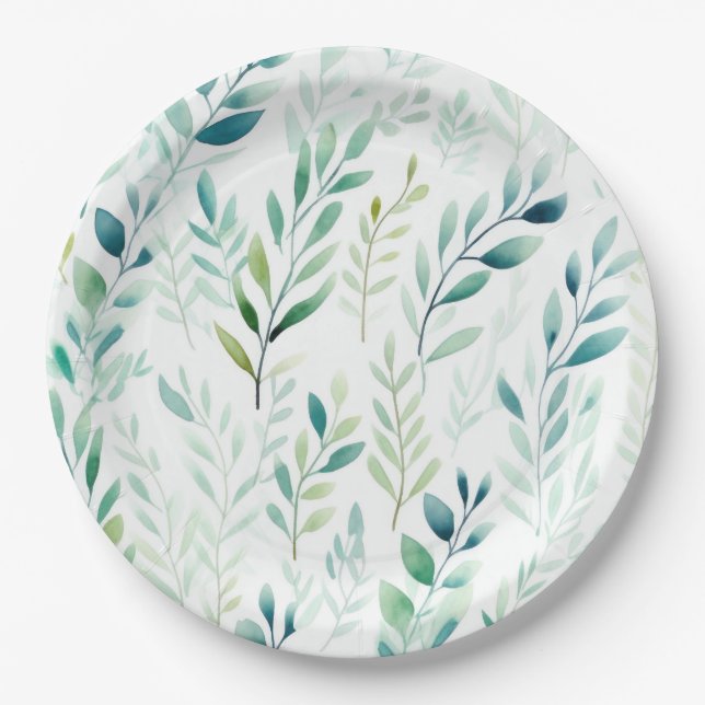 Green White Leaves Paper Plate (Front)