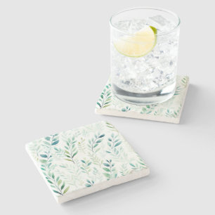 Green White Leaves Stone Coaster