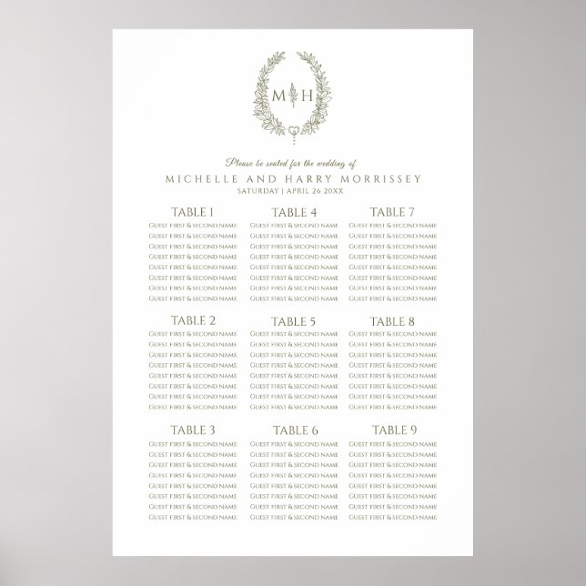 Green white leaves wreath wedding seating chart (Front)