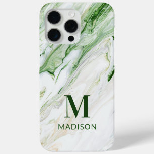 Green White Marble Monogram Personalized Name iPhone 15 Pro Max Case
