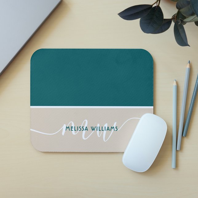 Green & White Minimalist Script Monogram Name Mouse Pad (Creator Uploaded)