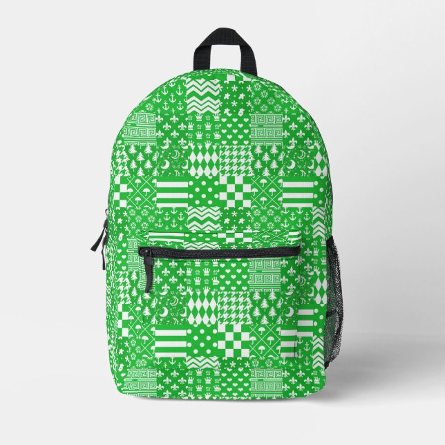 Green White Mixed Patterns Patchwork Design  Printed Backpack (Front)