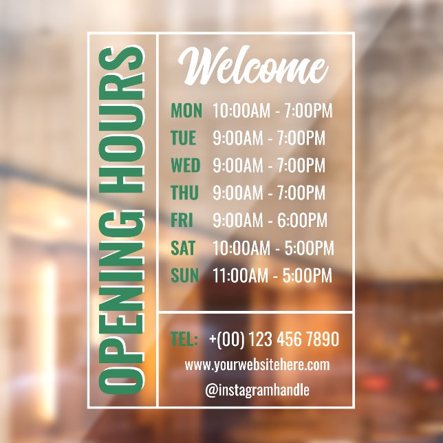 Green White Modern Opening Hours Contact Welcome Window Cling (Sheet 2)