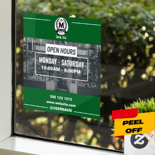 Green White Monochrome Simple Open Hours Store  Window Cling