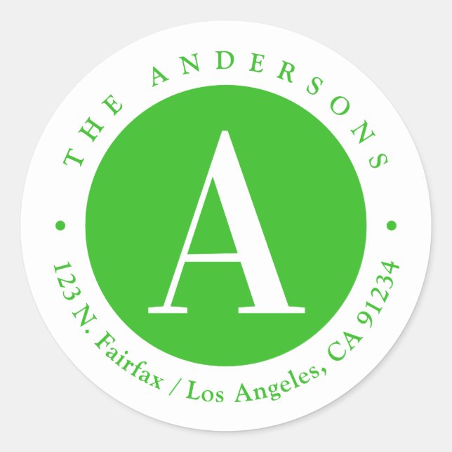 Green & White | Monogram Return Address Classic Round Sticker (Front)