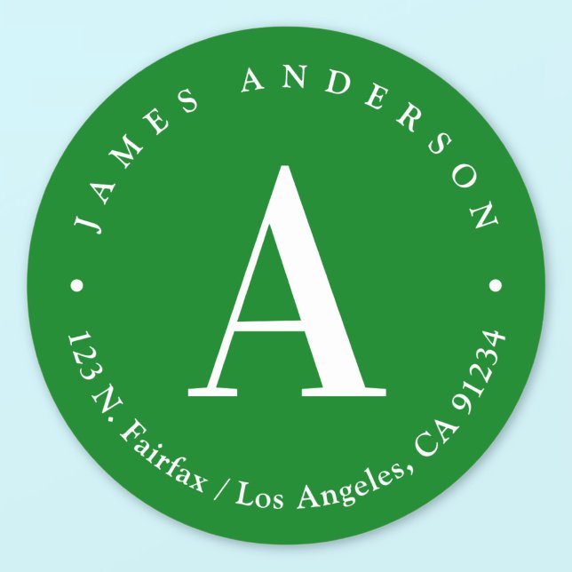 Green & White | Monogram Return Address Classic Round Sticker (Creator Uploaded)