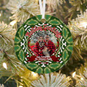 Green White Natal Holiday Energy Custom Photo Metal Ornament