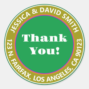 Green White Olive Retro Thank you! Return Address Classic Round Sticker