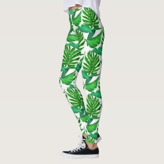 Green & white palm leafs pattern, tropical jungle leggings