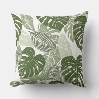 Green & White Palm Leaves Throw Pillow