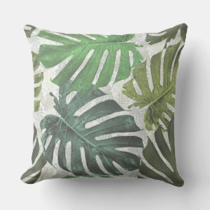 Green & White Palm Tropical Leaves Pattern Throw Pillow