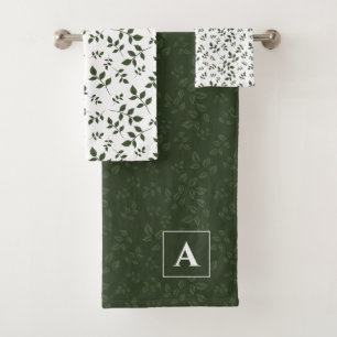 Green white pattern leaves monogram bath towel set