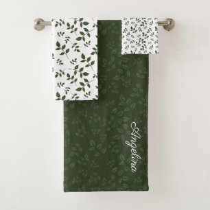 Green white pattern leaves monogram bath towel set