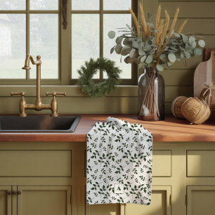 Green white pattern leaves monogram kitchen towel