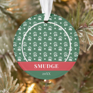Green White Paw Print Pattern Pet Photo Ornament