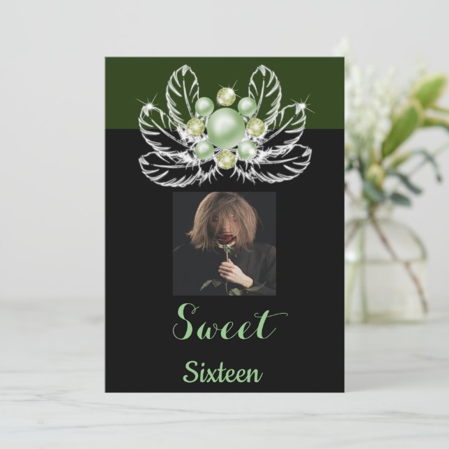 Green & White Pearl Diamonds Sweet 16 Invitation (Standing Front)