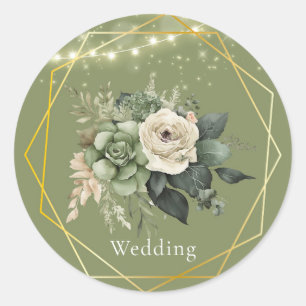 Green White Peony Lights Wedding Classic Round Sticker