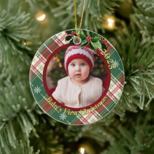 Green White Plaid Baby's First Christmas Photo Ceramic Ornament