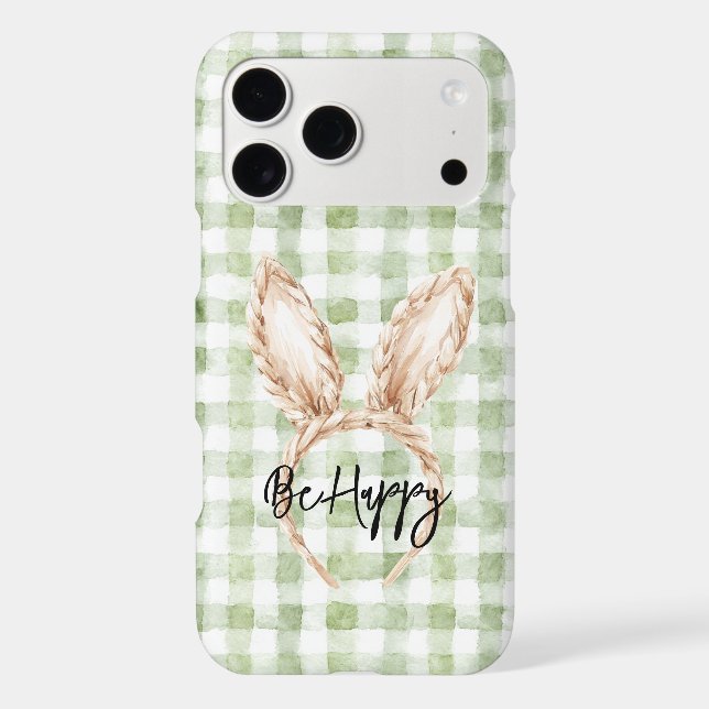 Green White Plaid Be Happy Bunny Ears (Back)