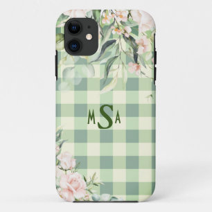 Green & White Plaid Gingham Floral Monogram iPhone 11 Case