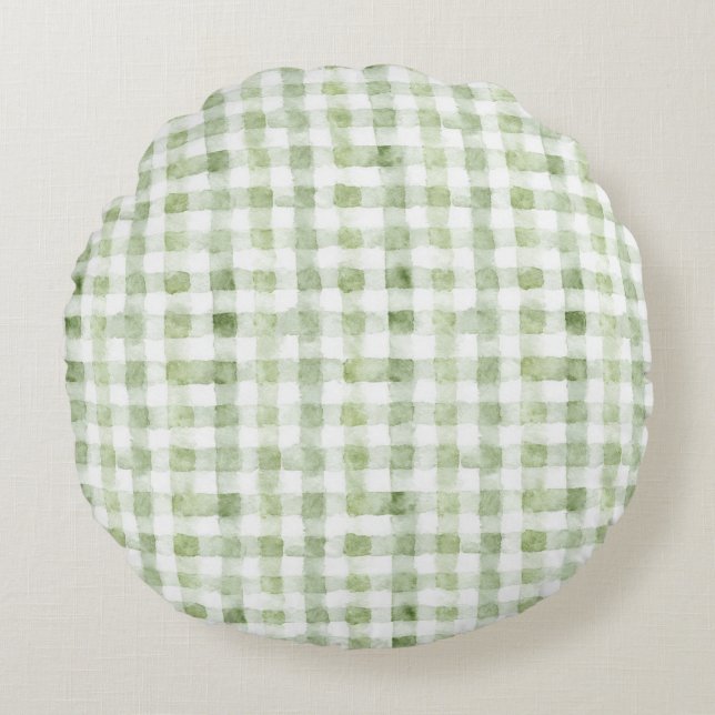 Green White Plaid Glitter Round Pillow (Front)