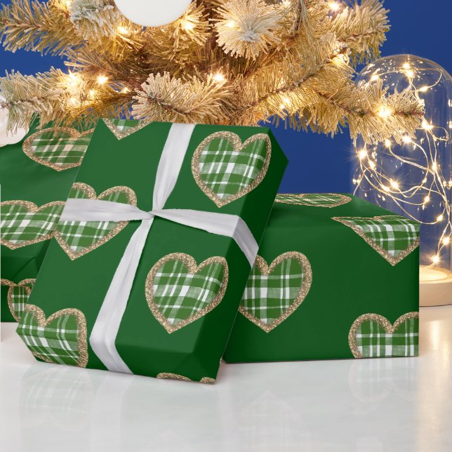 Green White Plaid Gold Glitter Heart Holiday Wrapping Paper (Holidays)
