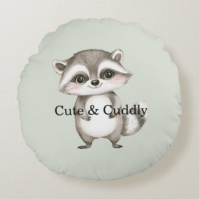 Green White Plaid Stripes Raccoon Round Pillow (Front)