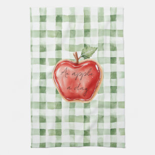 Green White Plaid Stripes Red Apple A Day Kitchen Towel