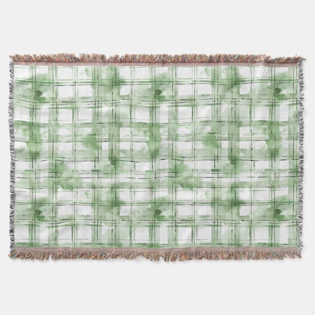 Green White Plaid Stripes Throw Blanket (Front)