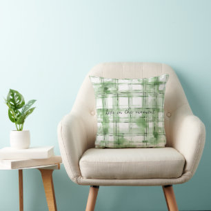 Green White Plaid Stripes Throw Pillow