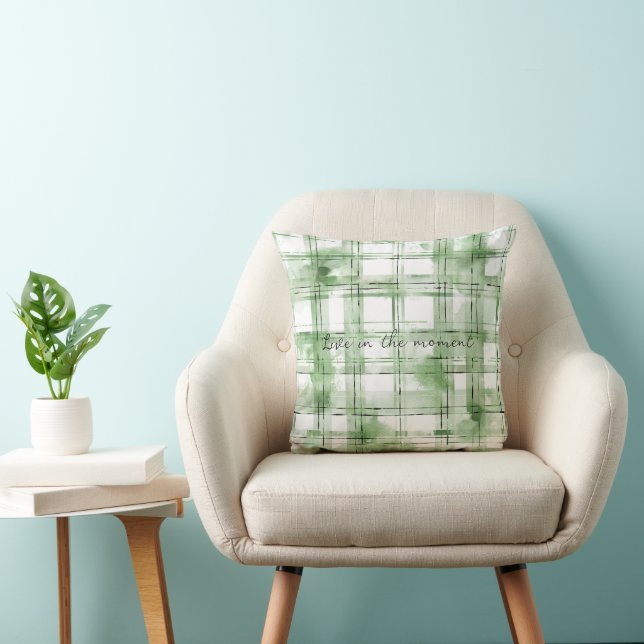 Green White Plaid Stripes Throw Pillow (Chair)