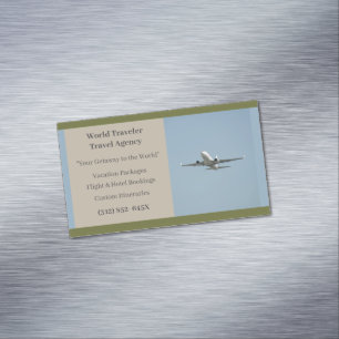 Green White Plane Agent Airplane Travel Agency Magnetic Business Card