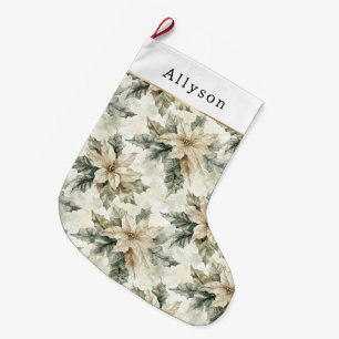 Green White Poinsettia Floral Christmas Large Christmas Stocking