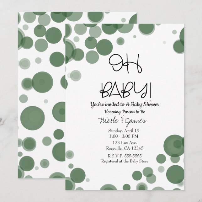 Green & White Polka Dot Bubbles OH BABY Shower Invitation (Front/Back)