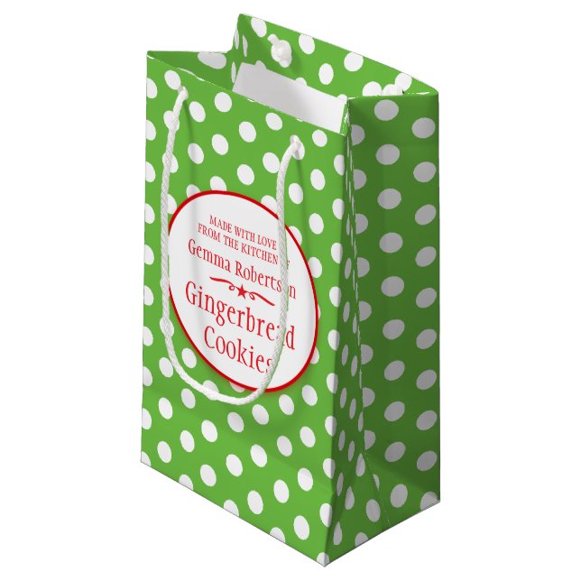 Green white polka dot cookie swap baking gift bags (Front Angled)