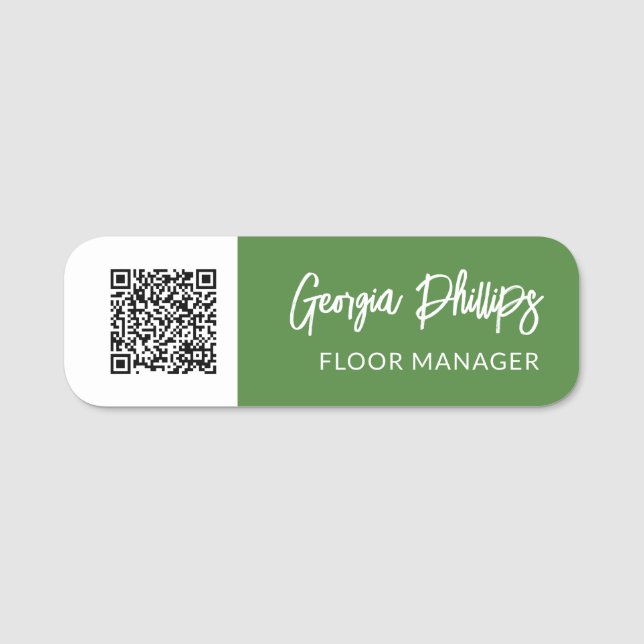 Green & White QR Code Brush Script Name Tag (Front)