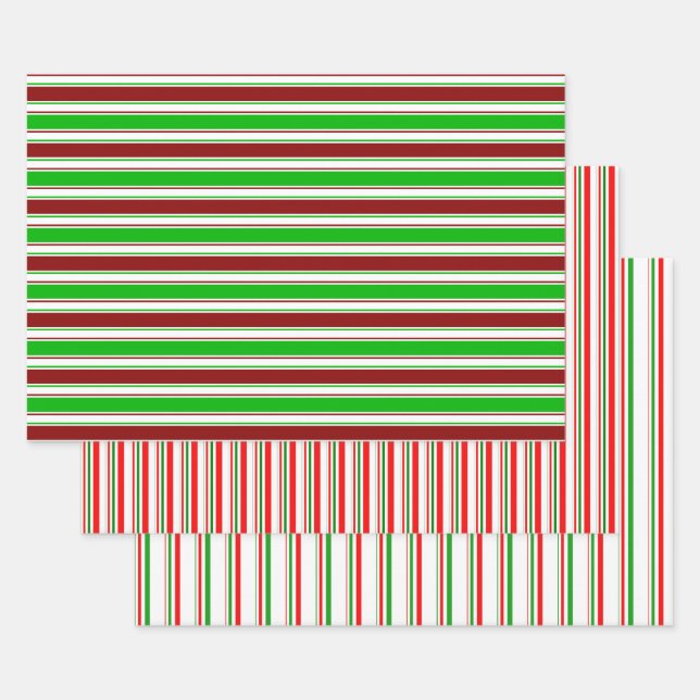 Green, White, Red Christmas Style Stripes Patterns Wrapping Paper Sheet (Set)