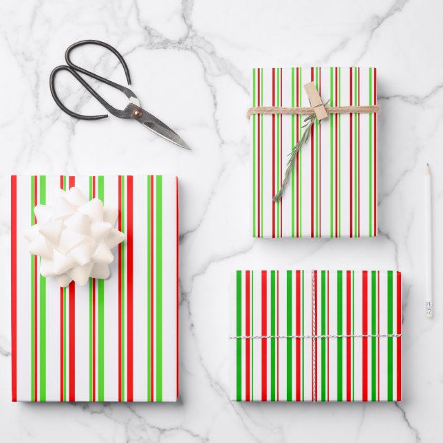 Green, White, Red Christmas-Style Stripes Patterns Wrapping Paper Sheet (Front)