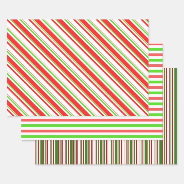 Green, White, Red Christmas-Style Stripes Patterns Wrapping Paper Sheet (Set)