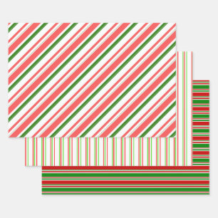 Green, White, Red Colored Christmas Themed Lines Wrapping Paper Sheet