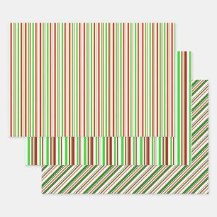 Green, White, Red Coloured Christmas Style Stripes Wrapping Paper Sheet