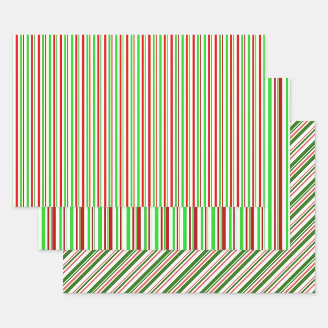 Green, White, Red Coloured Christmas Style Stripes Wrapping Paper Sheet (Set)