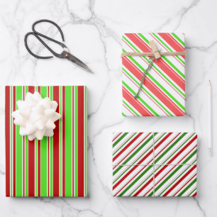 Green, White, Red Coloured Christmas Style Stripes Wrapping Paper Sheet