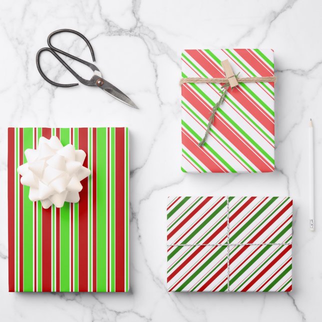 Green, White, Red Coloured Christmas Style Stripes Wrapping Paper Sheet (Front)